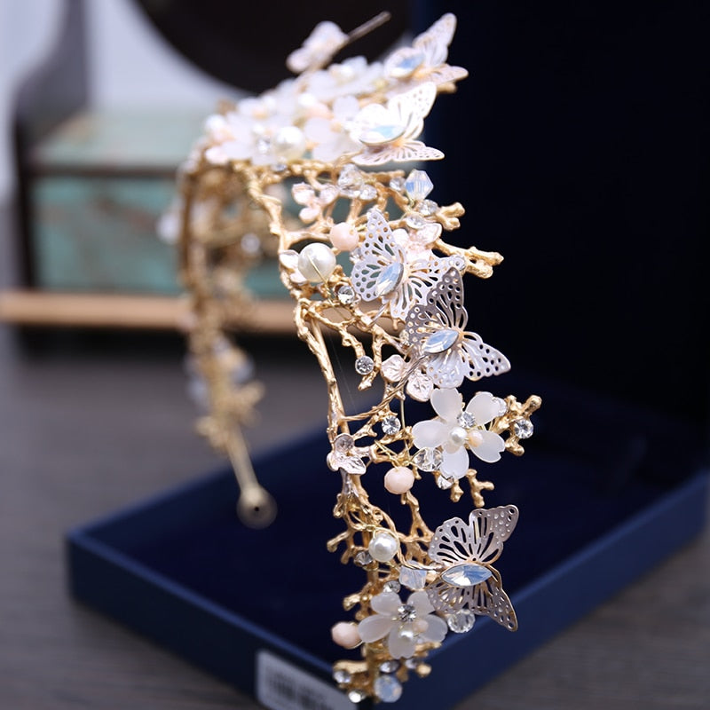 Pearl Butterfly  Jewelry Sets Floral Rhinestone Choker Necklace Earrings Tiara Wedding Jewelry Set